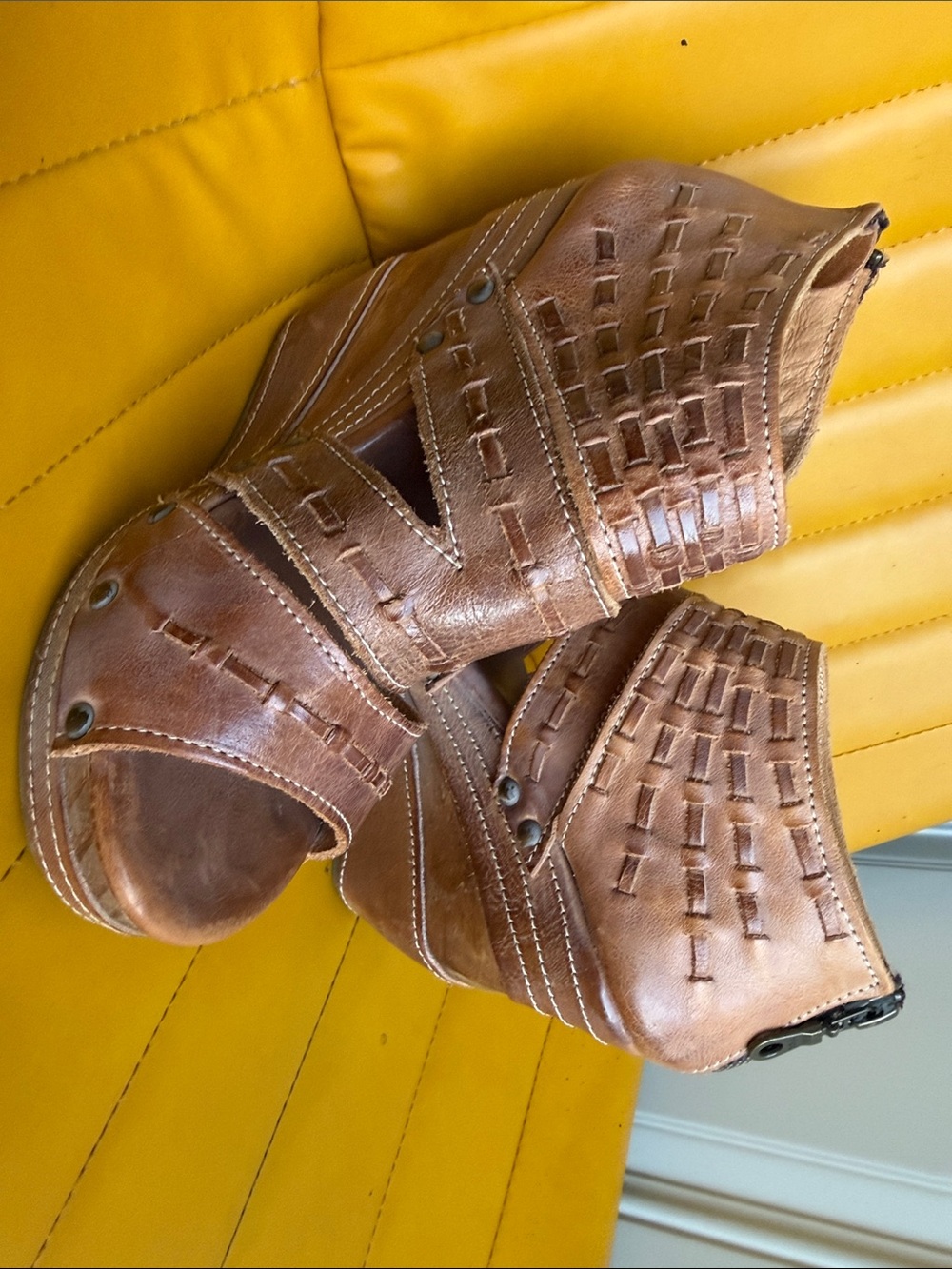 BED STU - LIKE NEW Tan Woven Leather Platform Sandals